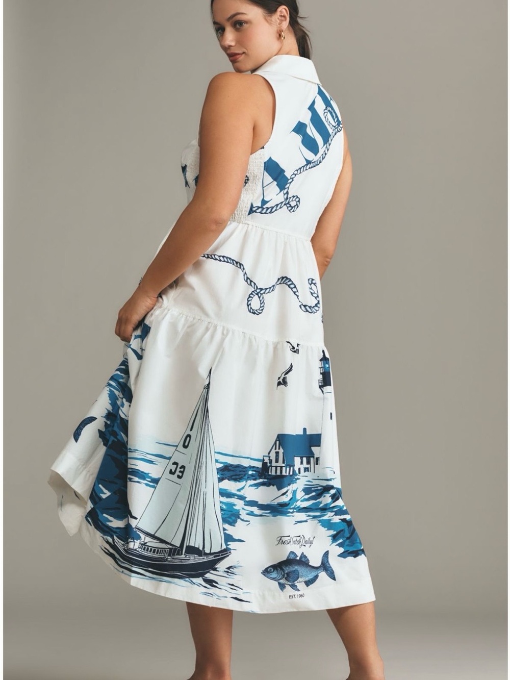 Maeve White & Navy Nautical Button-Front Midi Dress - Picture 4 of 13